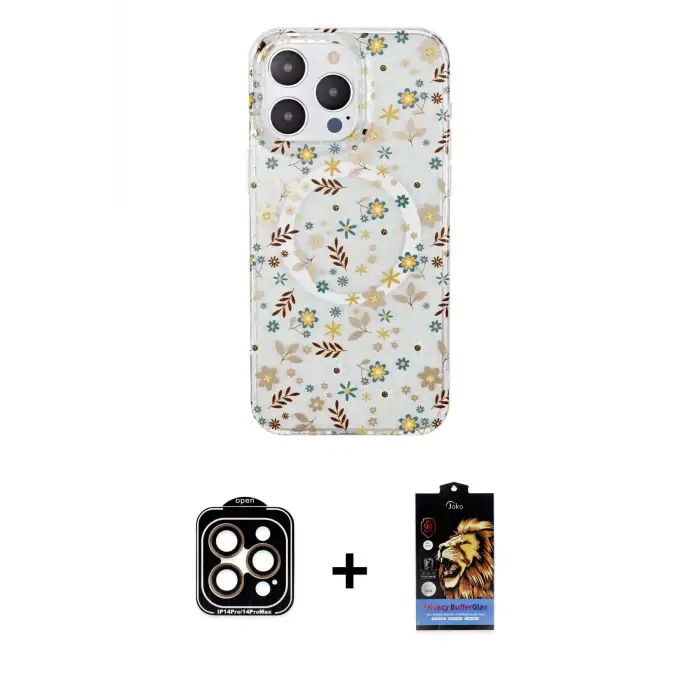 ieg™ iPhone 14 Pro Max Kılıf Pusula Form - Siyah Buffer Hayalet Cam Ekran Koruyucu + PVD Metal Kamera Lens - TU