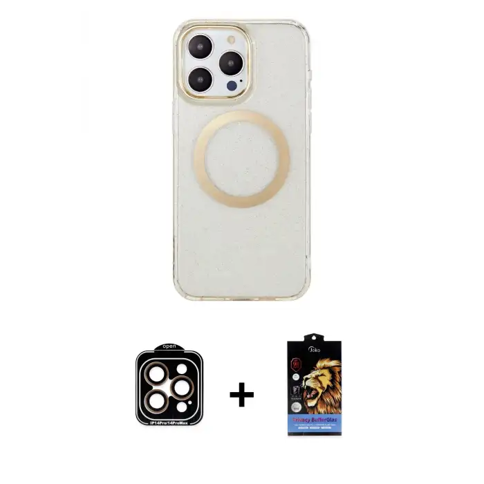 ieg™ iPhone 14 Pro Max Kılıf Pusula Form - Siyah Buffer Hayalet Cam Ekran Koruyucu + PVD Metal Kamera Lens - TU