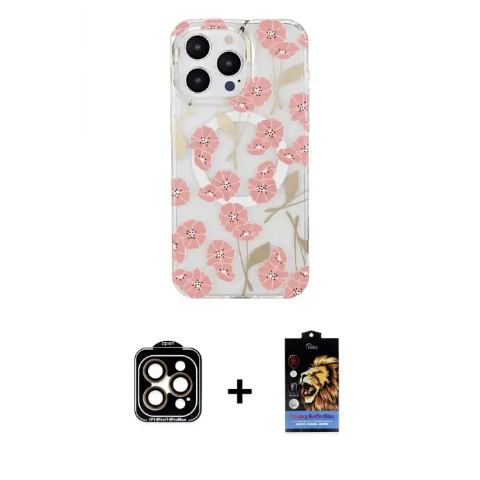 ieg™ iPhone 14 Pro Max Kılıf Pusula Form - Siyah Buffer Hayalet Cam Ekran Koruyucu + PVD Metal Kamera Lens - TU