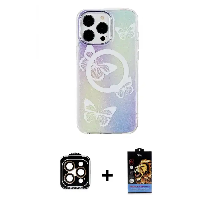 ieg™ iPhone 14 Pro Max Kılıf Pusula Form - Siyah Buffer Hayalet Cam Ekran Koruyucu + PVD Metal Kamera Lens - TU