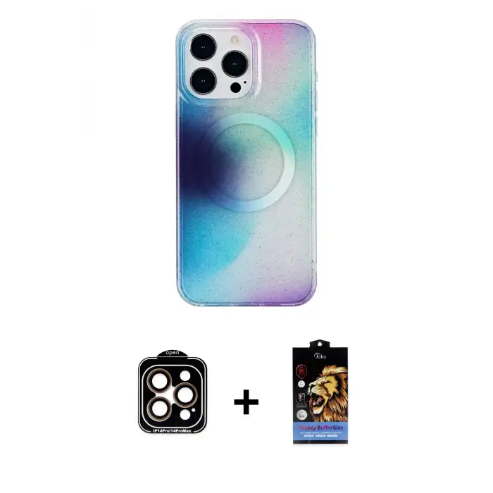 ieg™ iPhone 14 Pro Max Kılıf Pusula Form - Siyah Buffer Hayalet Cam Ekran Koruyucu + PVD Metal Kamera Lens - TU
