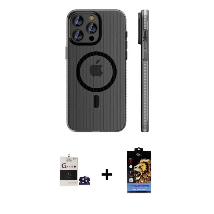 ieg™ iPhone 14 Pro Max Kılıf Pusula Minimal Koleksiyonu - Siyah Buffer Hayalet Cam Ekran Koruyucu + Bilvis Titan Kamera Lens - DNMR