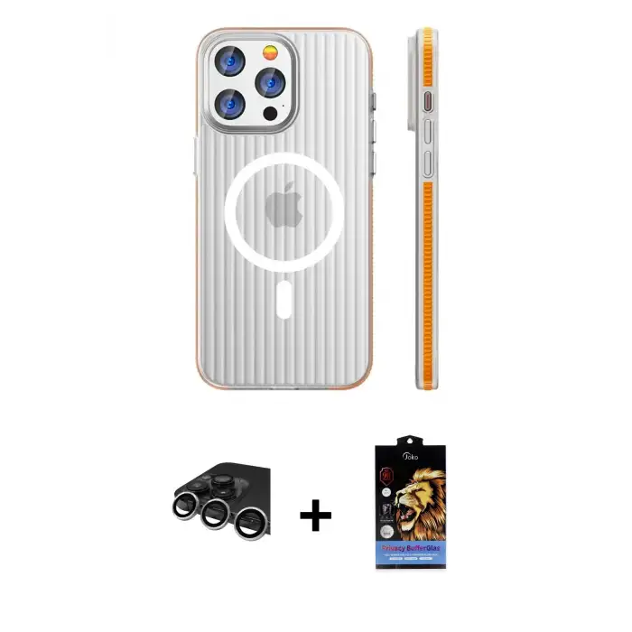 ieg™ iPhone 14 Pro Max Kılıf Pusula Minimal Koleksiyonu - Siyah Buffer Hayalet Cam Ekran Koruyucu + Raze Metal Kamera Lens - GS