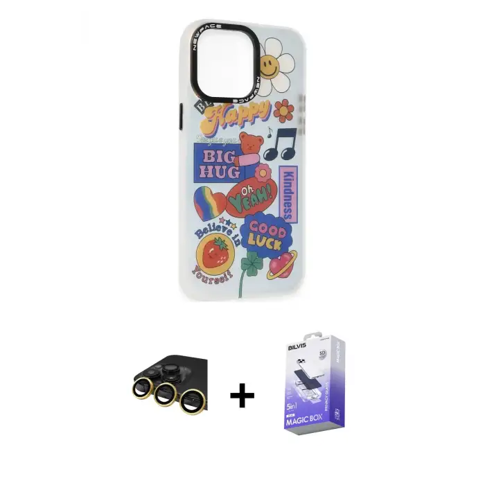 ieg™ iPhone 14 Pro Max Kılıf Siluet Çizgi Koleksiyonu - Siyah Bilvis 5in1 5D Magic Hayalet Cam Ekran Koruyucu + Raze Metal Kamera Lens - GD