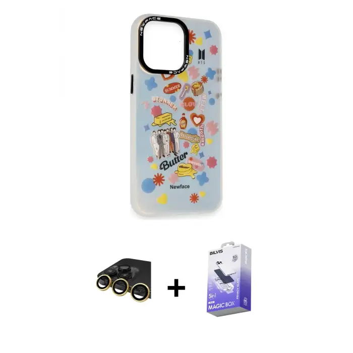 ieg™ iPhone 14 Pro Max Kılıf Siluet Çizgi Koleksiyonu - Siyah Bilvis 5in1 5D Magic Hayalet Cam Ekran Koruyucu + Raze Metal Kamera Lens - GD