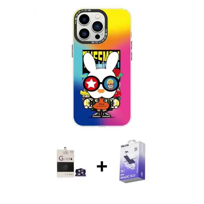 ieg™ iPhone 14 Pro Max Kılıf Siluet Çizgi Koleksiyonu - Siyah Bilvis 5in1 5D Magic Hayalet Cam Ekran Koruyucu + Bilvis Titan Kamera Lens - GS