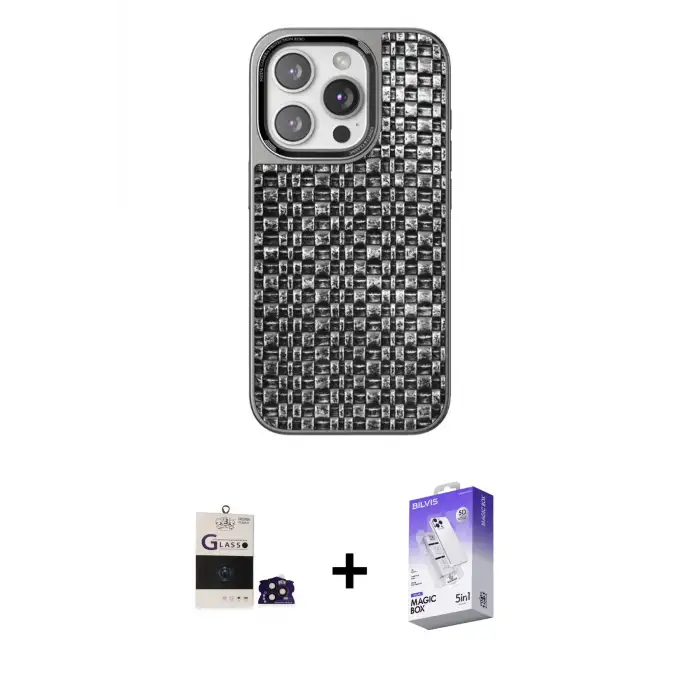 ieg™ iPhone 14 Pro Max Kılıf Siluet Form Serisi - Siyah Bilvis 5in1 3D Magic Cam Ekran Koruyucu + Bilvis Titan Kamera Lens - DNMR