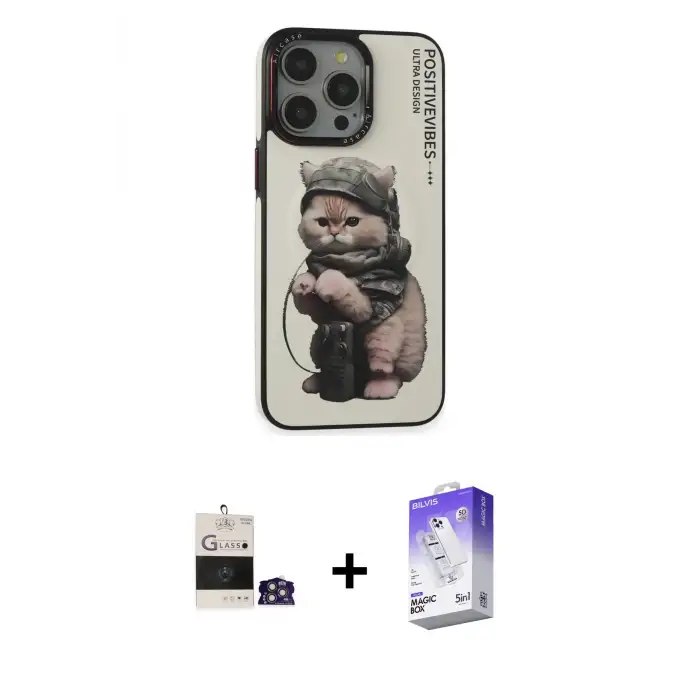 ieg™ iPhone 14 Pro Max Kılıf Siluet Modern Özel Seri - Siyah Bilvis 5in1 3D Magic Cam Ekran Koruyucu + Bilvis Titan Kamera Lens - GS