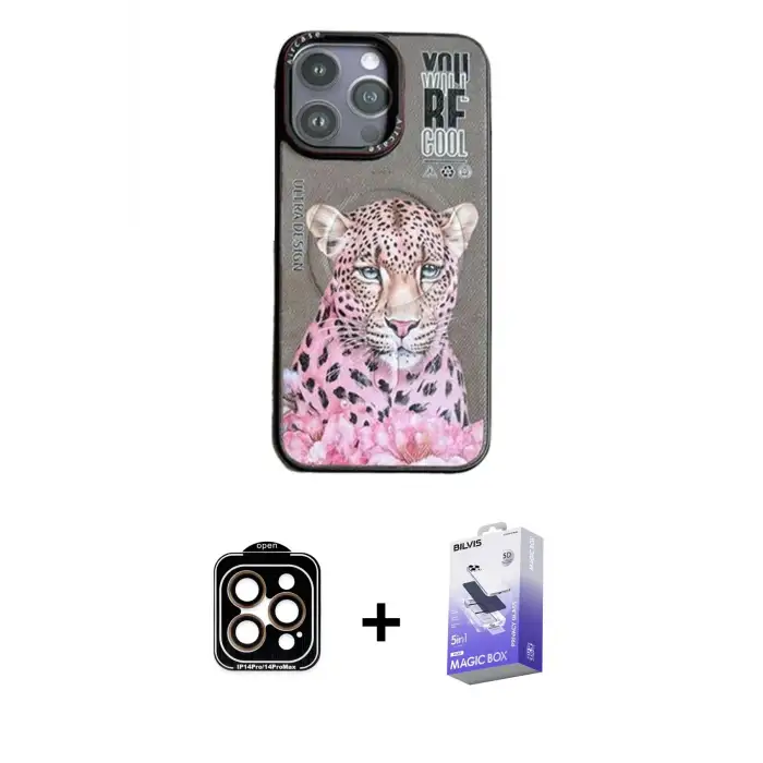 ieg™ iPhone 14 Pro Max Kılıf Siluet Modern Özel Seri - Siyah Bilvis 5in1 5D Magic Hayalet Cam Ekran Koruyucu + PVD Metal Kamera Lens - TU