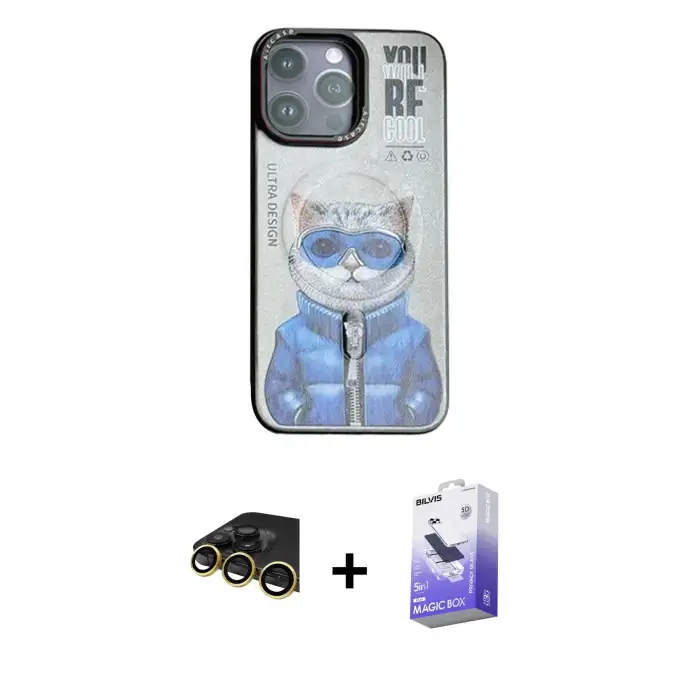 ieg™ iPhone 14 Pro Max Kılıf Siluet Modern Özel Seri - Siyah Bilvis 5in1 5D Magic Hayalet Cam Ekran Koruyucu + Raze Metal Kamera Lens - GD