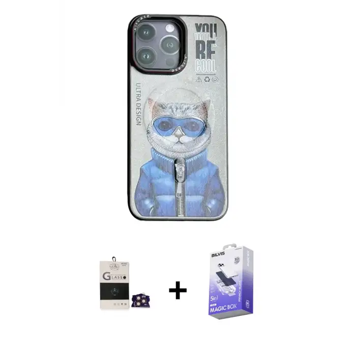 ieg™ iPhone 14 Pro Max Kılıf Siluet Modern Özel Seri - Siyah Bilvis 5in1 5D Magic Hayalet Cam Ekran Koruyucu + Bilvis Titan Kamera Lens - GD