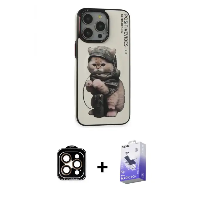 ieg™ iPhone 14 Pro Max Kılıf Siluet Modern Özel Seri - Siyah Bilvis 5in1 5D Magic Hayalet Cam Ekran Koruyucu + PVD Metal Kamera Lens - TU