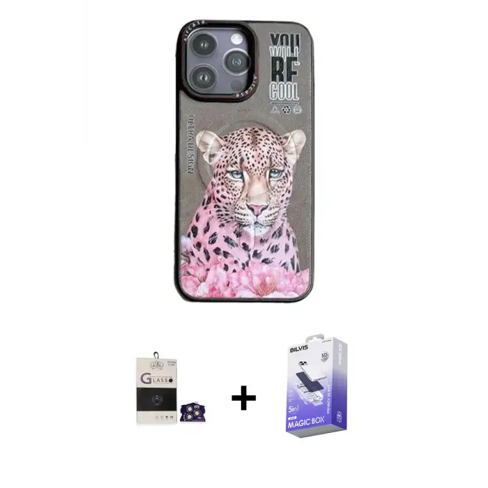 ieg™ iPhone 14 Pro Max Kılıf Siluet Modern Özel Seri - Siyah Bilvis 5in1 5D Magic Hayalet Cam Ekran Koruyucu + Bilvis Titan Kamera Lens - GS