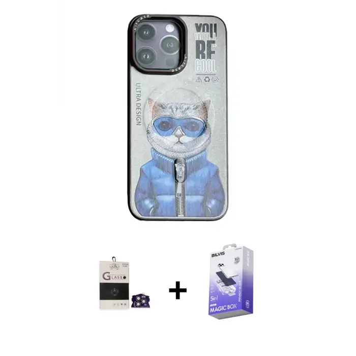 ieg™ iPhone 14 Pro Max Kılıf Siluet Modern Özel Seri - Siyah Bilvis 5in1 5D Magic Hayalet Cam Ekran Koruyucu + Bilvis Titan Kamera Lens - GS