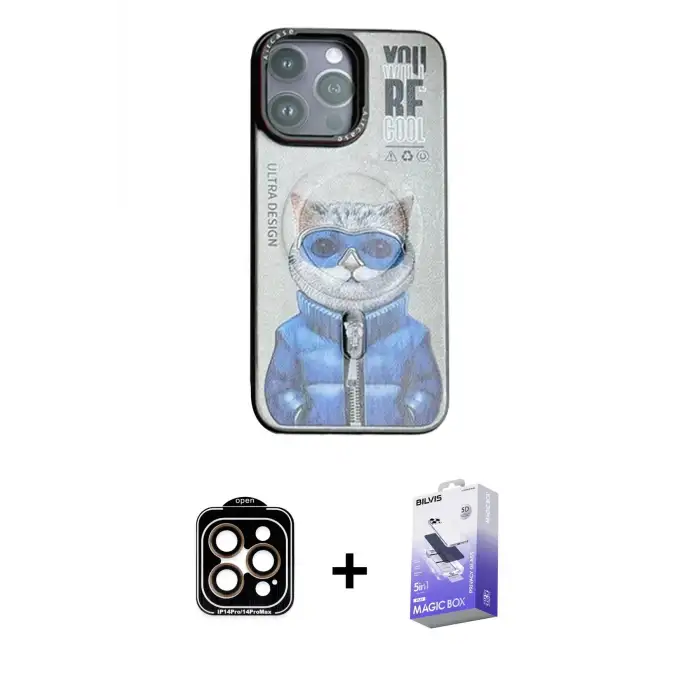 ieg™ iPhone 14 Pro Max Kılıf Siluet Modern Özel Seri - Siyah Bilvis 5in1 5D Magic Hayalet Cam Ekran Koruyucu + PVD Metal Kamera Lens - TU