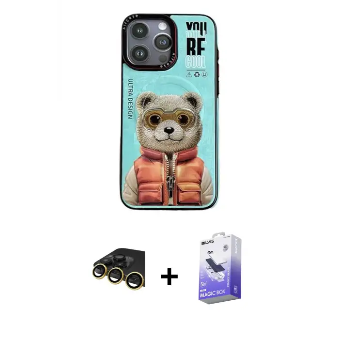ieg™ iPhone 14 Pro Max Kılıf Siluet Modern Özel Seri - Siyah Bilvis 5in1 5D Magic Hayalet Cam Ekran Koruyucu + Raze Metal Kamera Lens - GD