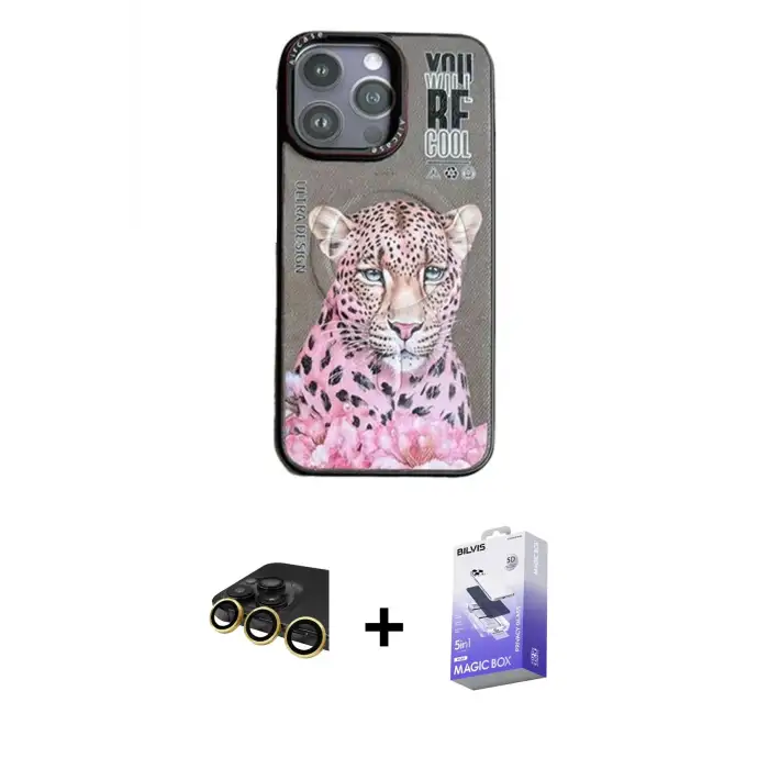 ieg™ iPhone 14 Pro Max Kılıf Siluet Modern Özel Seri - Siyah Bilvis 5in1 5D Magic Hayalet Cam Ekran Koruyucu + Raze Metal Kamera Lens - GD