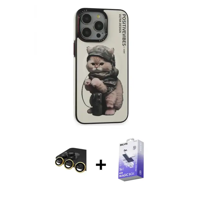 ieg™ iPhone 14 Pro Max Kılıf Siluet Modern Özel Seri - Siyah Bilvis 5in1 5D Magic Hayalet Cam Ekran Koruyucu + Raze Metal Kamera Lens - GD