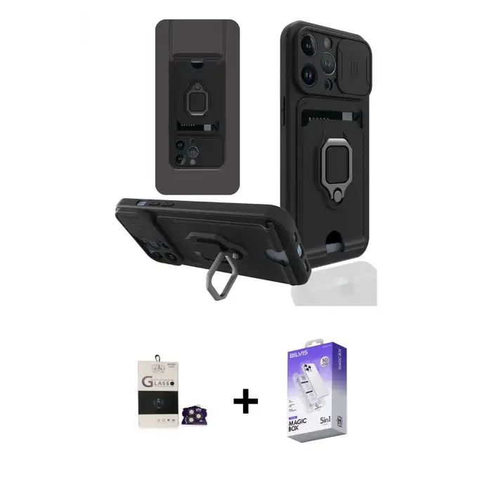 ieg™ iPhone 14 Pro Max Kılıf Vadi Form Prime - Siyah Bilvis 5in1 3D Magic Cam Ekran Koruyucu + Bilvis Titan Kamera Lens - GD