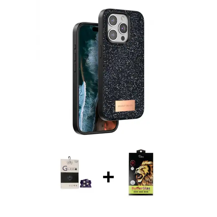 ieg™ iPhone 14 Pro Max Kılıf Vadi Klasik Serisi - Siyah Buffer Cam Ekran Koruyucu + Bilvis Titan Kamera Lens - GS