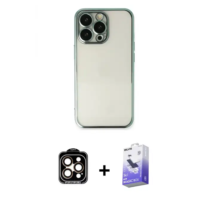 ieg™ iPhone 14 Pro Max Kılıf Vadi Minimal - Siyah Bilvis 5in1 5D Magic Hayalet Cam Ekran Koruyucu + PVD Metal Kamera Lens - TU