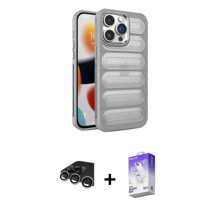 ieg™ iPhone 14 Pro Max Kılıf Yadigar Doku Özel Seri - Siyah Bilvis 5in1 3D Magic Cam Ekran Koruyucu + Raze Metal Kamera Lens - GS