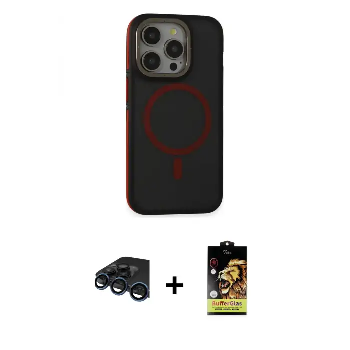 ieg™ iPhone 15 Pro Kılıf Ahenk Form Serisi - Siyah Buffer Cam Ekran Koruyucu + Raze Metal Kamera Lens - LT