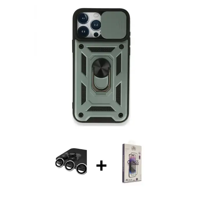 ieg™ iPhone 15 Pro Kılıf Ahenk Klasik - Siyah Bilvis 3D Cam Ekran Koruyucu + Raze Metal Kamera Lens - GS