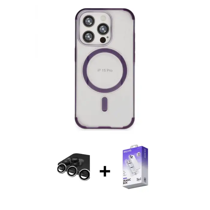 ieg™ iPhone 15 Pro Kılıf Eksen Klasik Koleksiyonu - Siyah Bilvis 5in1 3D Magic Cam Ekran Koruyucu + Raze Metal Kamera Lens - GS