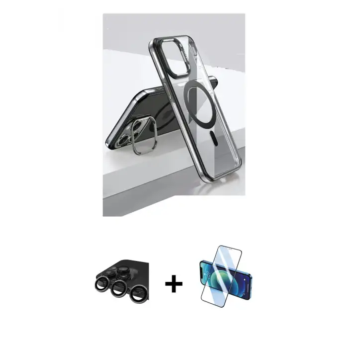 ieg™ iPhone 15 Pro Kılıf Vadi Çizgi Özel Seri - Siyah 3D Antistatik Seramik Nano Ekran Koruyucu + Raze Metal Kamera Lens - TMGI