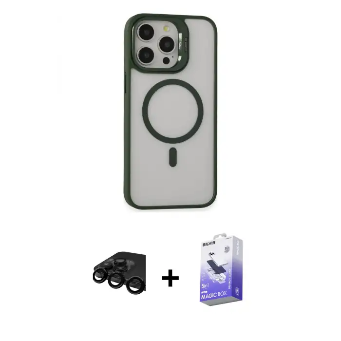 ieg™ iPhone 15 Pro Max Kılıf Ahenk Klasik Özel Seri - Siyah Bilvis 5in1 5D Magic Hayalet Cam Ekran Koruyucu + Raze Metal Kamera Lens - SH
