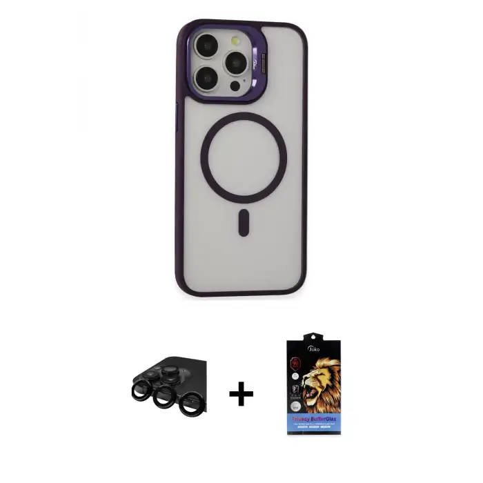 ieg™ iPhone 15 Pro Max Kılıf Ahenk Klasik Özel Seri - Siyah Buffer Hayalet Cam Ekran Koruyucu + Raze Metal Kamera Lens - SH