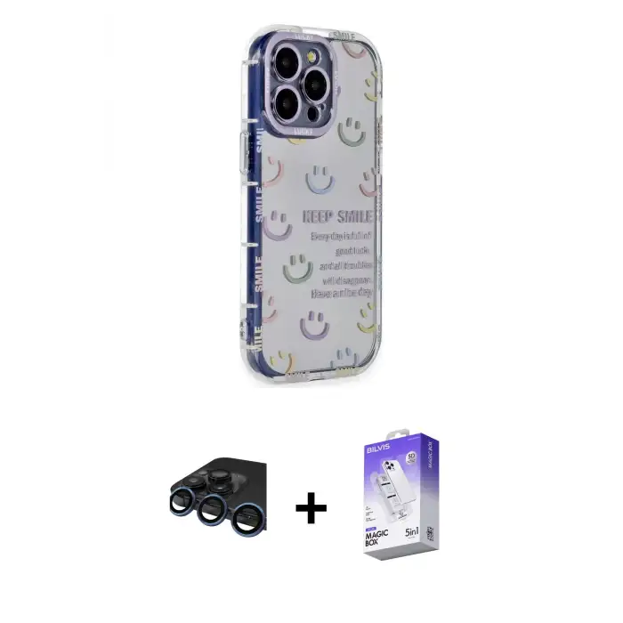 ieg™ iPhone 15 Pro Max Kılıf Ahenk Modern Serisi - Siyah Bilvis 5in1 3D Magic Cam Ekran Koruyucu + Raze Metal Kamera Lens - LT
