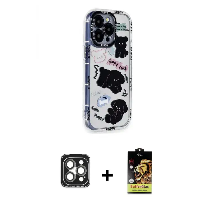 ieg™ iPhone 15 Pro Max Kılıf Ahenk Modern Serisi - Siyah Buffer Cam Ekran Koruyucu + PVD Metal Kamera Lens - GI