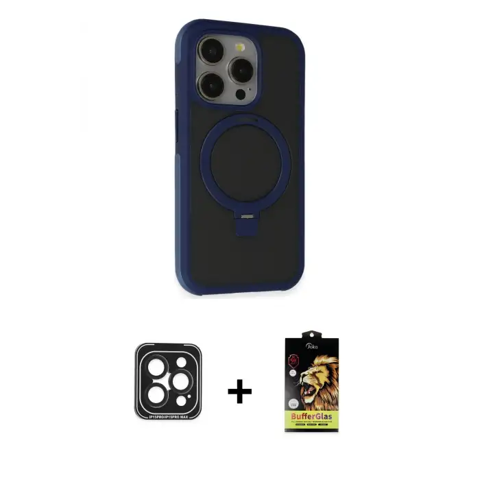 ieg™ iPhone 15 Pro Max Kılıf Ahenk Yansıma Özel Seri - Siyah Buffer Cam Ekran Koruyucu + PVD Metal Kamera Lens - SH