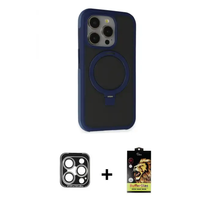ieg™ iPhone 15 Pro Max Kılıf Ahenk Yansıma Özel Seri - Siyah Buffer Cam Ekran Koruyucu + PVD Metal Kamera Lens - GS