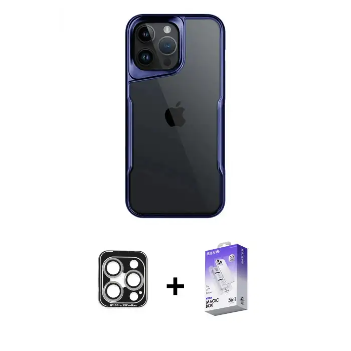 ieg™ iPhone 15 Pro Max Kılıf Akış Çizgi Koleksiyonu - Siyah Bilvis 5in1 3D Magic Cam Ekran Koruyucu + PVD Metal Kamera Lens - GS