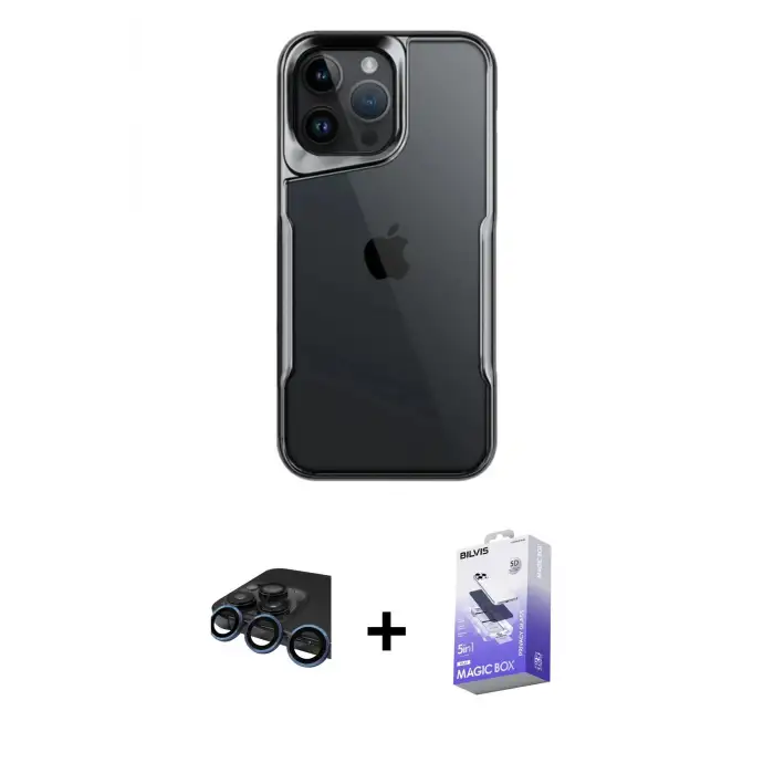 ieg™ iPhone 15 Pro Max Kılıf Akış Çizgi Koleksiyonu - Siyah Bilvis 5in1 5D Magic Hayalet Cam Ekran Koruyucu + Raze Metal Kamera Lens - LT