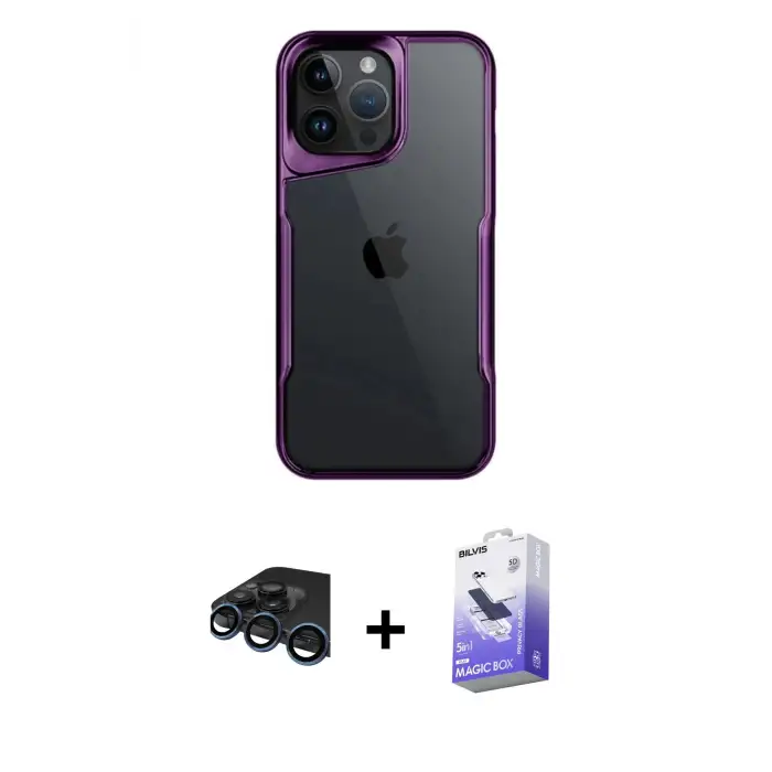 ieg™ iPhone 15 Pro Max Kılıf Akış Çizgi Koleksiyonu - Siyah Bilvis 5in1 5D Magic Hayalet Cam Ekran Koruyucu + Raze Metal Kamera Lens - LT
