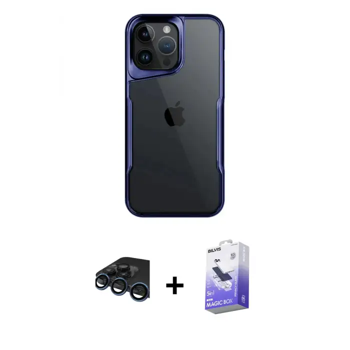 ieg™ iPhone 15 Pro Max Kılıf Akış Çizgi Koleksiyonu - Siyah Bilvis 5in1 5D Magic Hayalet Cam Ekran Koruyucu + Raze Metal Kamera Lens - LT