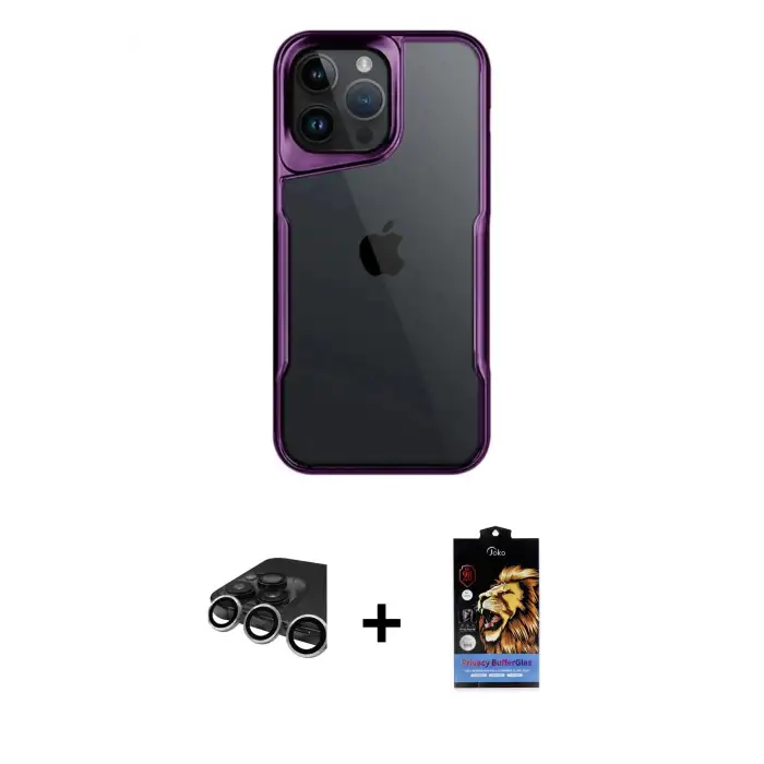 ieg™ iPhone 15 Pro Max Kılıf Akış Çizgi Koleksiyonu - Siyah Buffer Hayalet Cam Ekran Koruyucu + Raze Metal Kamera Lens - GS