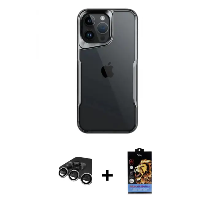 ieg™ iPhone 15 Pro Max Kılıf Akış Çizgi Koleksiyonu - Siyah Buffer Hayalet Cam Ekran Koruyucu + Raze Metal Kamera Lens - GS