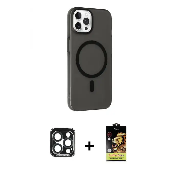 ieg™ iPhone 15 Pro Max Kılıf Çekirdek Modern Prime - Siyah Buffer Cam Ekran Koruyucu + PVD Metal Kamera Lens - LT