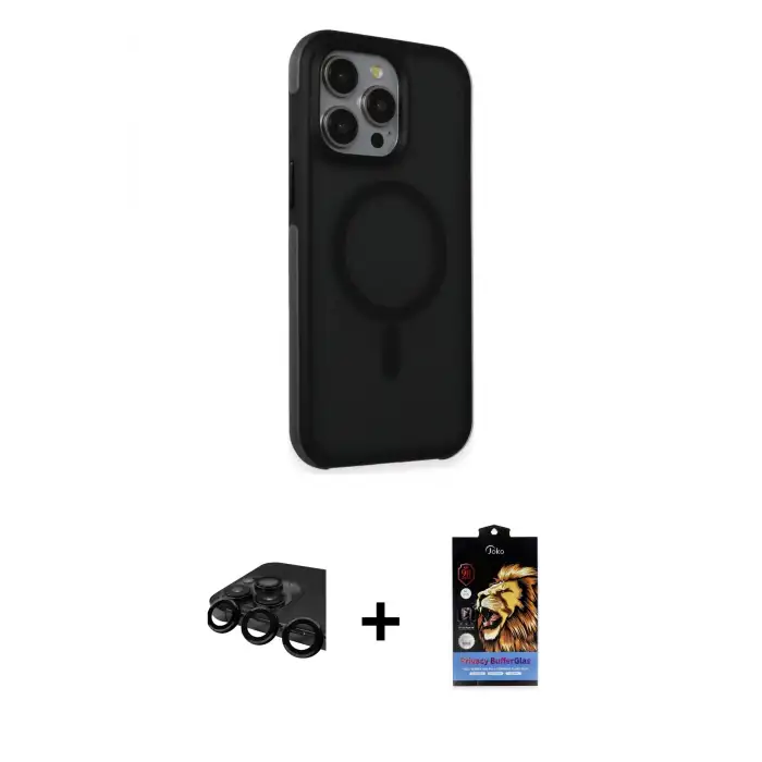 ieg™ iPhone 15 Pro Max Kılıf Çekirdek Yansıma Prime - Siyah Buffer Hayalet Cam Ekran Koruyucu + Raze Metal Kamera Lens - SH