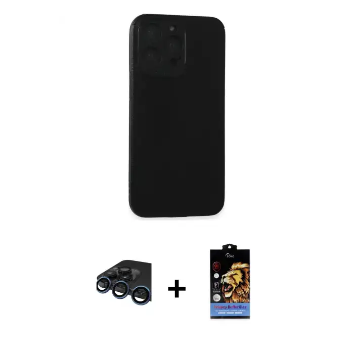 ieg™ iPhone 15 Pro Max Kılıf Doruk Asil Koleksiyonu - Siyah Buffer Hayalet Cam Ekran Koruyucu + Raze Metal Kamera Lens - LT