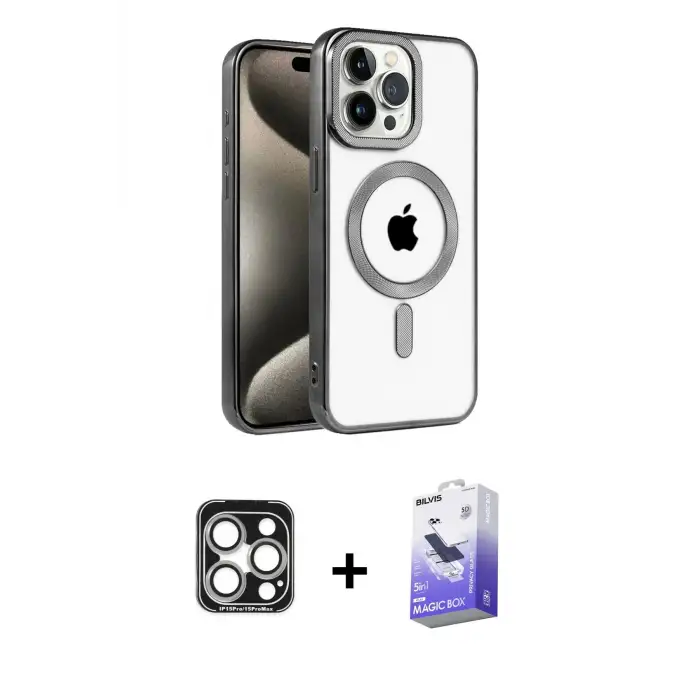 ieg™ iPhone 15 Pro Max Kılıf Eksen Form Koleksiyonu - Siyah Bilvis 5in1 5D Magic Hayalet Cam Ekran Koruyucu + PVD Metal Kamera Lens - GS