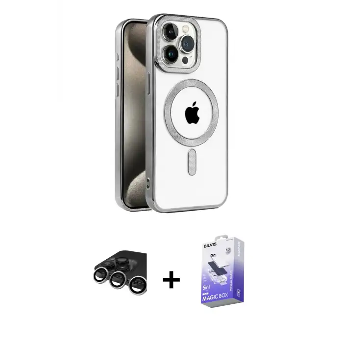 ieg™ iPhone 15 Pro Max Kılıf Eksen Form Koleksiyonu - Siyah Bilvis 5in1 5D Magic Hayalet Cam Ekran Koruyucu + Raze Metal Kamera Lens - GS