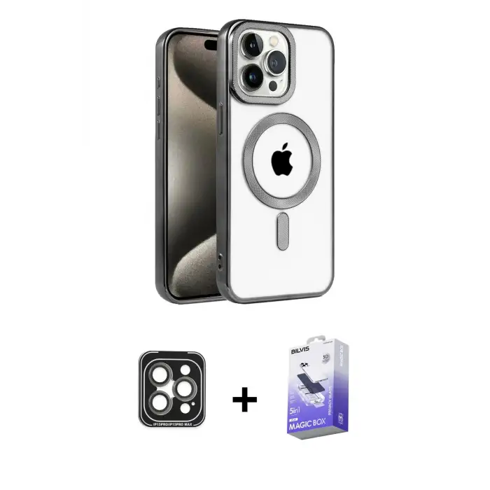 ieg™ iPhone 15 Pro Max Kılıf Eksen Form Koleksiyonu - Siyah Bilvis 5in1 5D Magic Hayalet Cam Ekran Koruyucu + PVD Metal Kamera Lens - GI