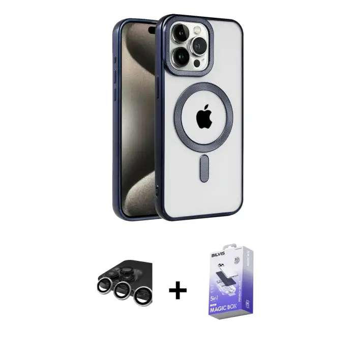 ieg™ iPhone 15 Pro Max Kılıf Eksen Form Koleksiyonu - Siyah Bilvis 5in1 5D Magic Hayalet Cam Ekran Koruyucu + Raze Metal Kamera Lens - GS