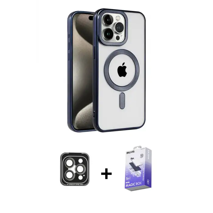 ieg™ iPhone 15 Pro Max Kılıf Eksen Form Koleksiyonu - Siyah Bilvis 5in1 5D Magic Hayalet Cam Ekran Koruyucu + PVD Metal Kamera Lens - GI